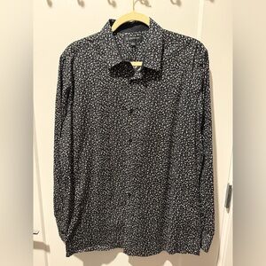 INC Black Button-Up Shirt with Red & White Floral Print. Size Large